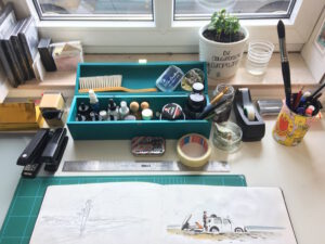 Das Bild zeigt den Arbeitsplatz von Grafikdesigner Malte Knaack.